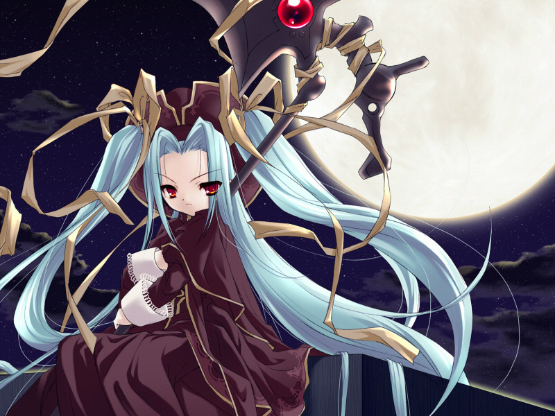 1girl, blue_hair, clouds, dress, eario, forget-me-not, full_moon, game_cg, gothic, hair_over_one_eye, hat, itou_noiji, lace, long_hair, moon, moonlight, night, night_sky, outdoors, red_eyes, ribbon, rooftop, scythe, sitting, sky, solo, twintails, very_long_hair, wasurenagusa