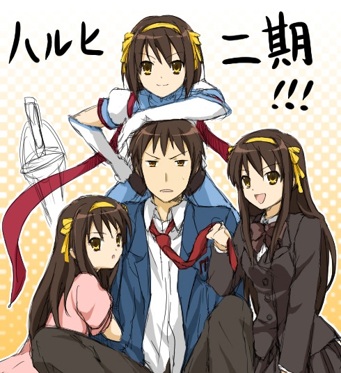 1boy, 3girls, alternate_costume, alternate_hairstyle, blazer, brown_eyes, brown_hair, dual_persona, elbow_gloves, gloves, kyon, long_hair, multiple_girls, necktie, necktie_grab, neckwear_grab, older, school_uniform, superheroine_haruhi, suzumiya_haruhi, suzumiya_haruhi_(young), suzumiya_haruhi_no_shoushitsu, suzumiya_haruhi_no_tomadoi, suzumiya_haruhi_no_yuuutsu, suzumiya_suzumiya_haruhi_no_shoushitsu, time_paradox, translated, younger