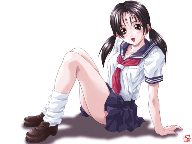 black_hair, kagehara_hanzou, legs, school_uniform, serafuku, sitting, twintails