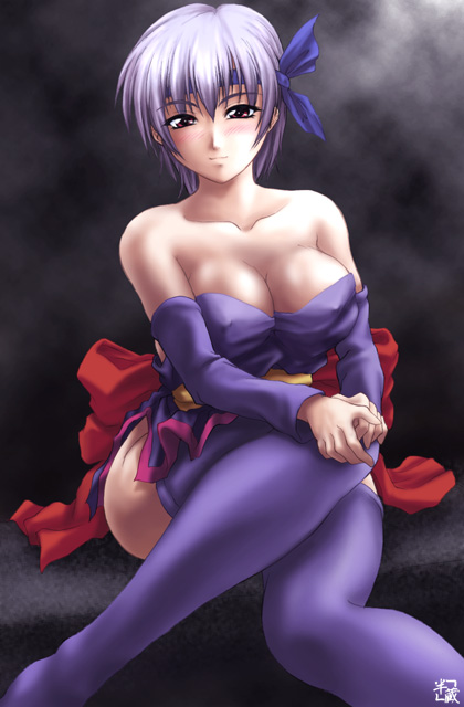 1girl, ayane, ayane_(doa), bangs, bare_shoulders, blush, boots, breasts