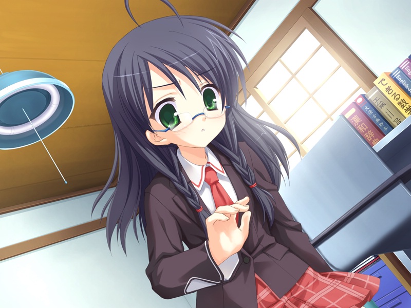 1girl, ahoge, black_hair, bra-ban!, braid, frown, game_cg, glasses