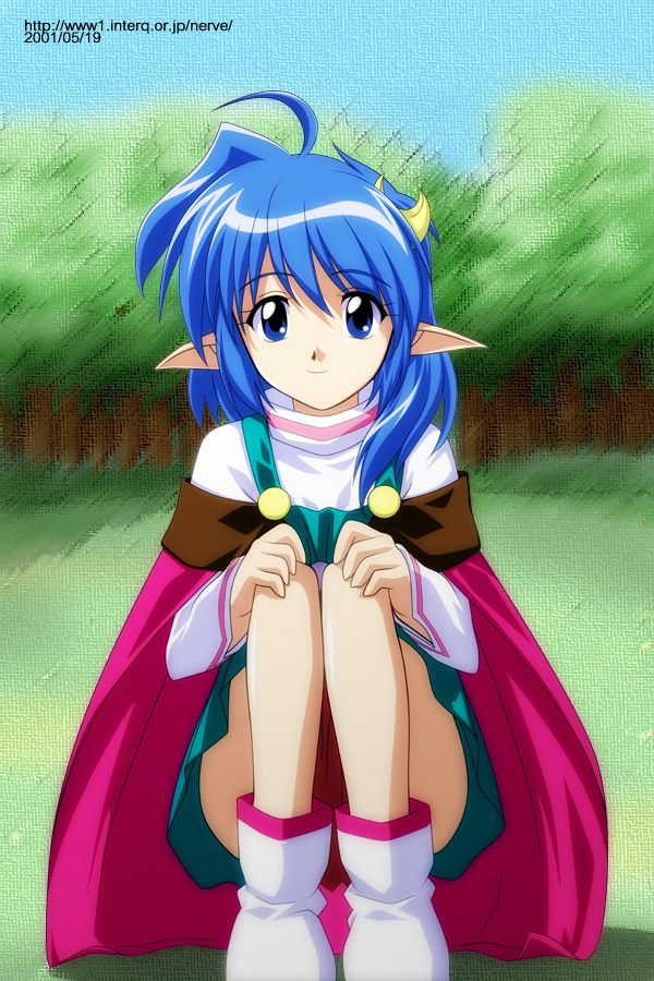 1girl, blue_hair, crescent, crescent_hair_ornament, dated, hair_ornament, pointy_ears, rena_lanford