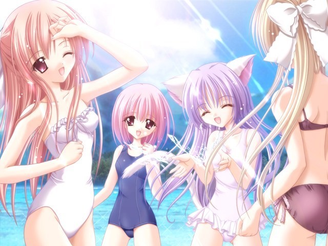 4girls, animal_ears, bikini, blonde_hair, bow, bowtie, cafe_little_wish, cat_ears