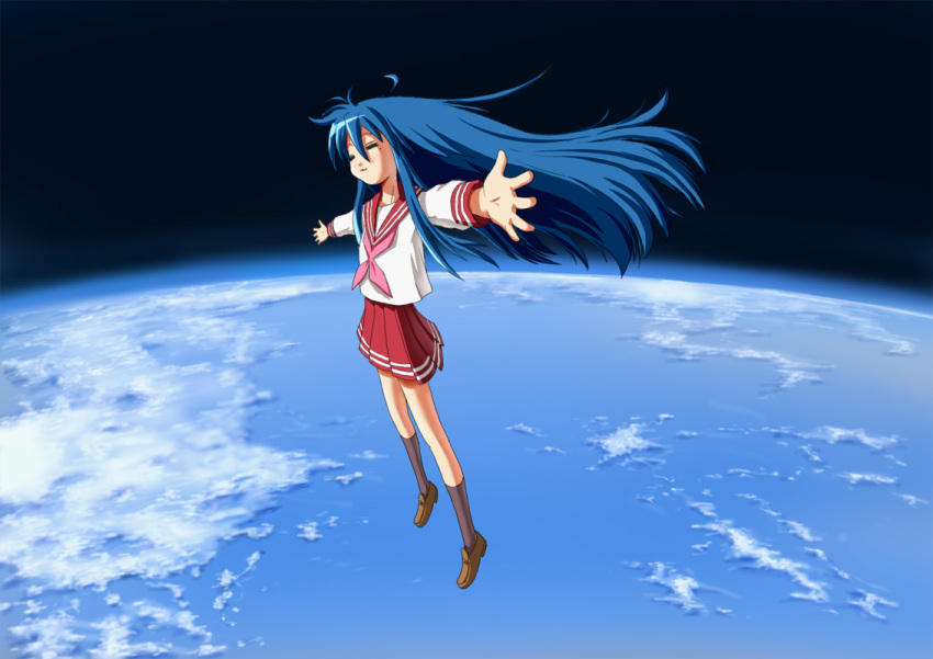 1girl, blue_hair, closed_eyes, earth, floating_hair, hikai, izumi_konata, long_hair
