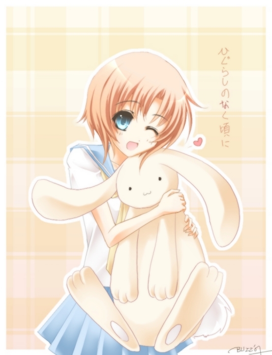1girl, blizz, blue_eyes, higurashi_no_naku_koro_ni, one_eye_closed, orange_hair, rabbit, ryuuguu_rena, school_uniform, serafuku, short_hair, solo, stuffed_animal, stuffed_toy, wink