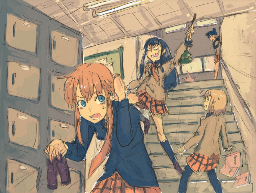 blonde_hair, blue_eyes, highres, hyakko, iizuka_tatsuki, kageyama_torako, nonomura_ayumi, pantyhose