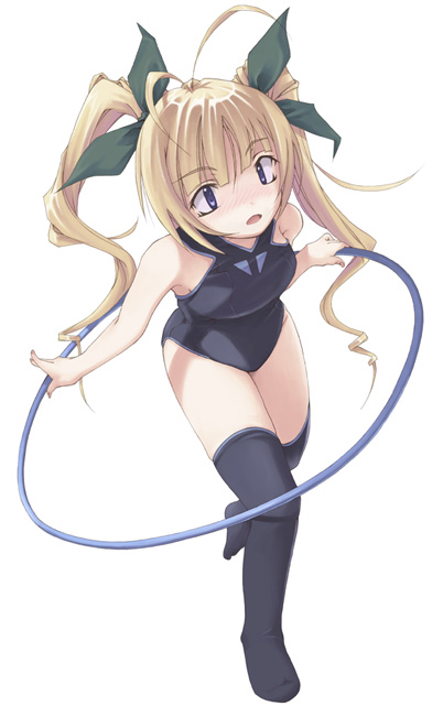 blonde_hair, bodysuit, hoop, hula_hoop, long_hair, nakaizumi_tatsuya, ribbon, thigh-highs