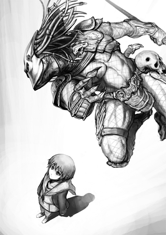 1girl, alien_vs_predator, aliens_vs_predator, combistaff, crossover, kometani_hisanobu, monochrome, nagato_yuki, parody, predator, predator_(movie), skull, suzumiya_haruhi_no_yuuutsu