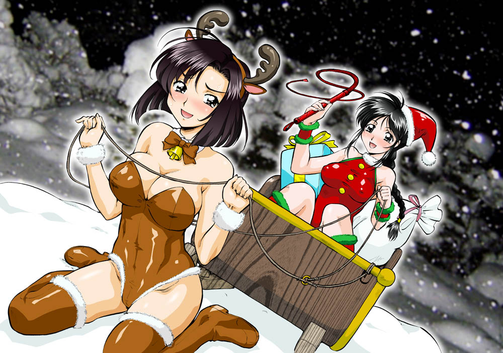 black_eyes, black_hair, boots, bowtie, braid, brown_hair, christmas, dutch_angle
