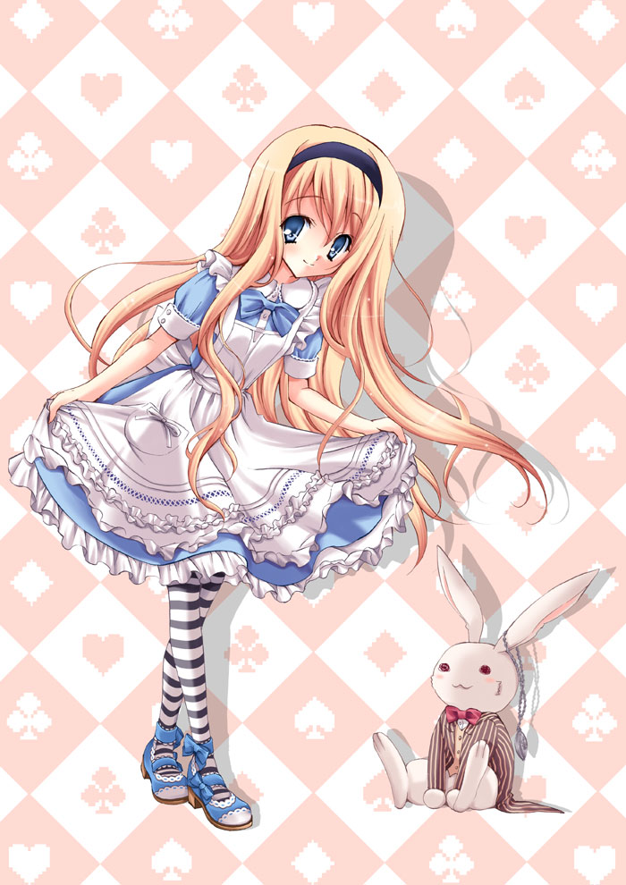1girl, alice_(wonderland), alice_in_wonderland, apron, argyle, argyle_background, black_&amp;_white, blonde_hair, blue_dress, blue_eyes, bow, clubs, curtsey, diamond_(shape), diamonds, dress, hairband, heart, legs_crossed, lolita_fashion, long_hair, mary_janes, pantyhose, patterned_legwear, pocket_watch, shoes, smile, solo, spade, standing, striped, striped_legwear, stuffed_animal, stuffed_toy, sweet_lolita, tareme, watch, white_rabbit, yukiwo