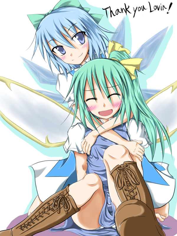 2girls, blue_eyes, blue_hair, blush, boots, cirno, daiyousei, female