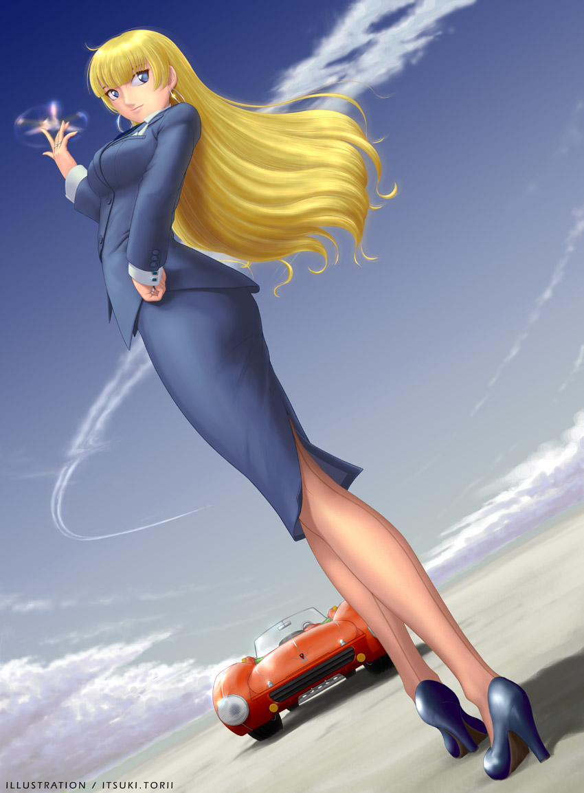 00s, 1girl, back-seamed_legwear, blonde_hair, blue_eyes, business_suit, car, formal