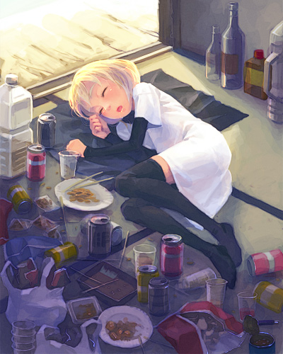 1girl, black_legwear, blonde_hair, bottle, can, chopsticks, closed_eyes, food