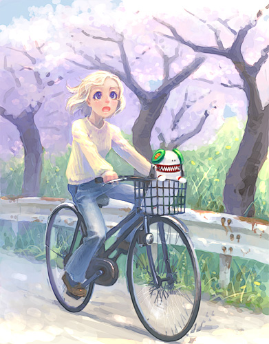 1girl, :o, bicycle, blonde_hair, blouse, blue_eyes, brown_shoes, cherry_blossoms