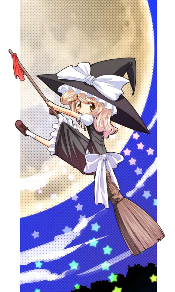 1girl, blonde_hair, broom, broom_riding, brown_eyes, dress, female, hat
