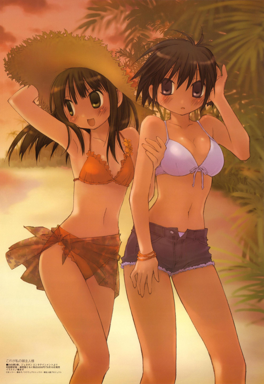 2girls, absurdres, beach, bikini, bikini_top, brown_eyes, brown_hair, cutoffs