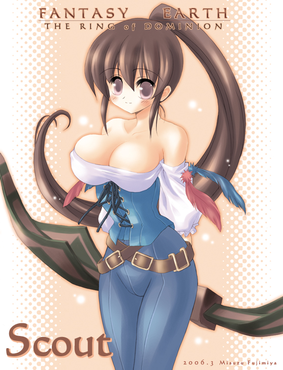 1girl, bare_shoulders, breasts, brown_hair, cleavage, corset, fantasy_earth, large_breasts