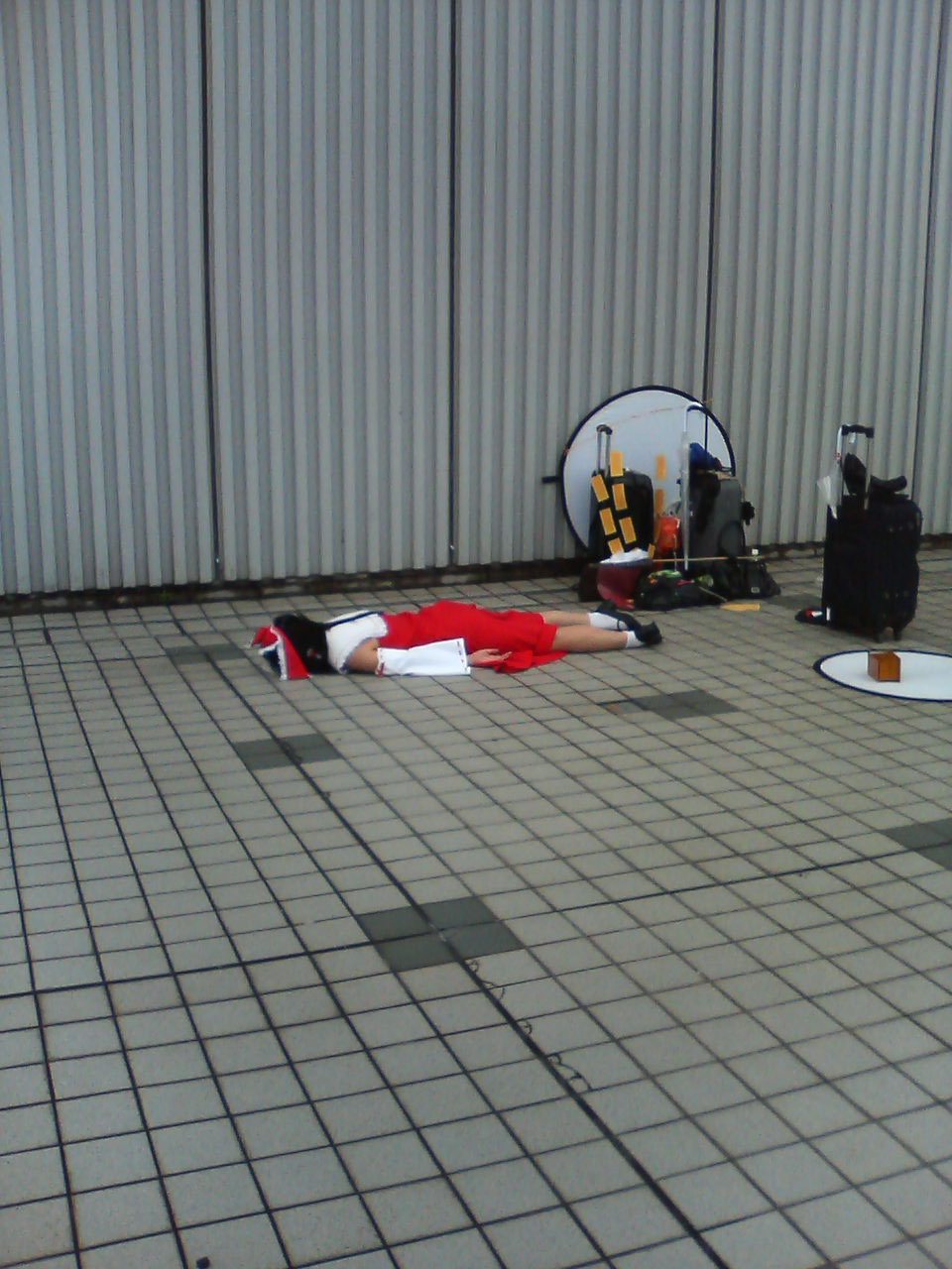 1girl, black_hair, cosplay, dead, detached_sleeves, exhausted, female, hakurei_reimu
