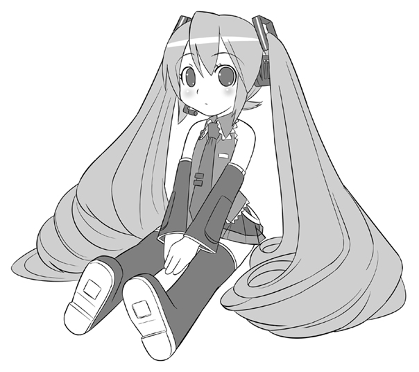 1girl, chibi, hatsune_miku, long_hair, monochrome, solo, sugar_(artist), sugar_(sugarless), thigh-highs, twintails, very_long_hair, vocaloid