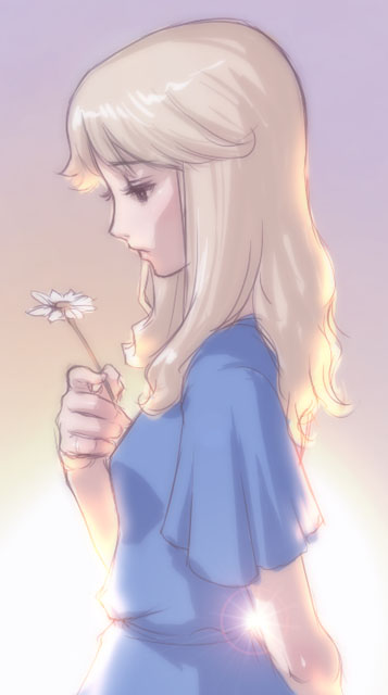 1girl, 80s, bad_id, blonde_hair, blue_dress, daisy_(dougram), dress, flower, from_side, half-closed_eyes, oldschool, profile, sad, sano_toshihide, short_sleeves, solo, taiyou_no_kiba_dougram, upper_body, violet_eyes, white_flower