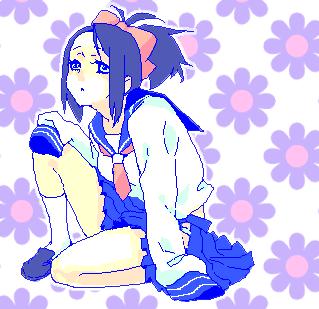 black_eyes, black_hair, bow, floral_background, hair_bow, lowres, oekaki, oora_kanako