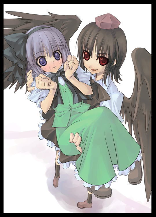 2girls, black_border, black_wings, border, carrying, crimsonlover_(shigure), female, hat