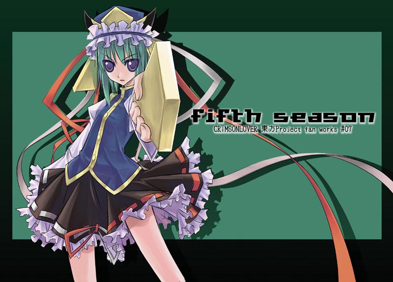 1girl, crimsonlover_(shigure), female, foreshortening, green_hair, hat, pointing, ribbon