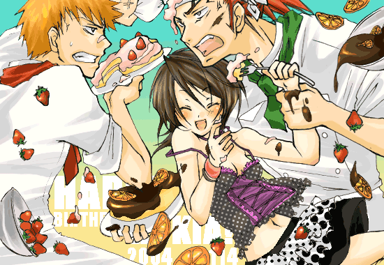 1girl, 2boys, abarai_renji, bleach, chocolate, food, food_fight, fruit