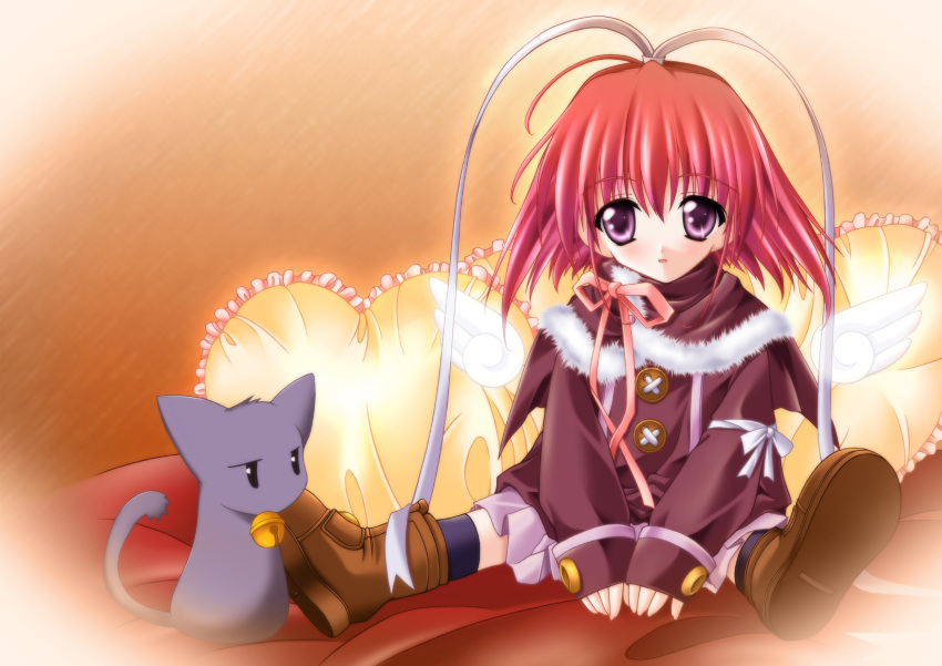 1girl, amane_sou, bell, cat, frilled_pillow, frills, heart, heart_pillow