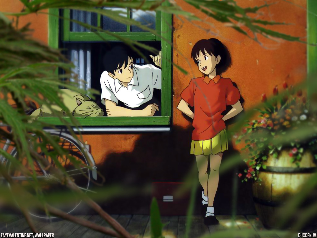 1boy, 1girl, 90s, amasawa_seiji, cat, eye_contact, leaning, looking_at_another