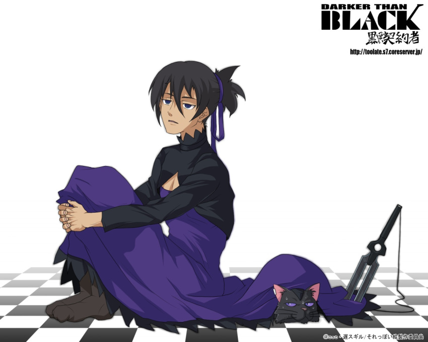1boy, black_cat, cat, checkered, checkered_floor, cosplay, crossdressinging, darker_than_black