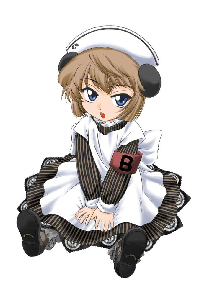 1girl, cosplay, di_gi_charat, dress, haibara_ai, meitantei_conan, nurse, parody, piyoko, piyoko_(cosplay), pyocola_analogue, sitting, solo, wanyan_aguda, white_background