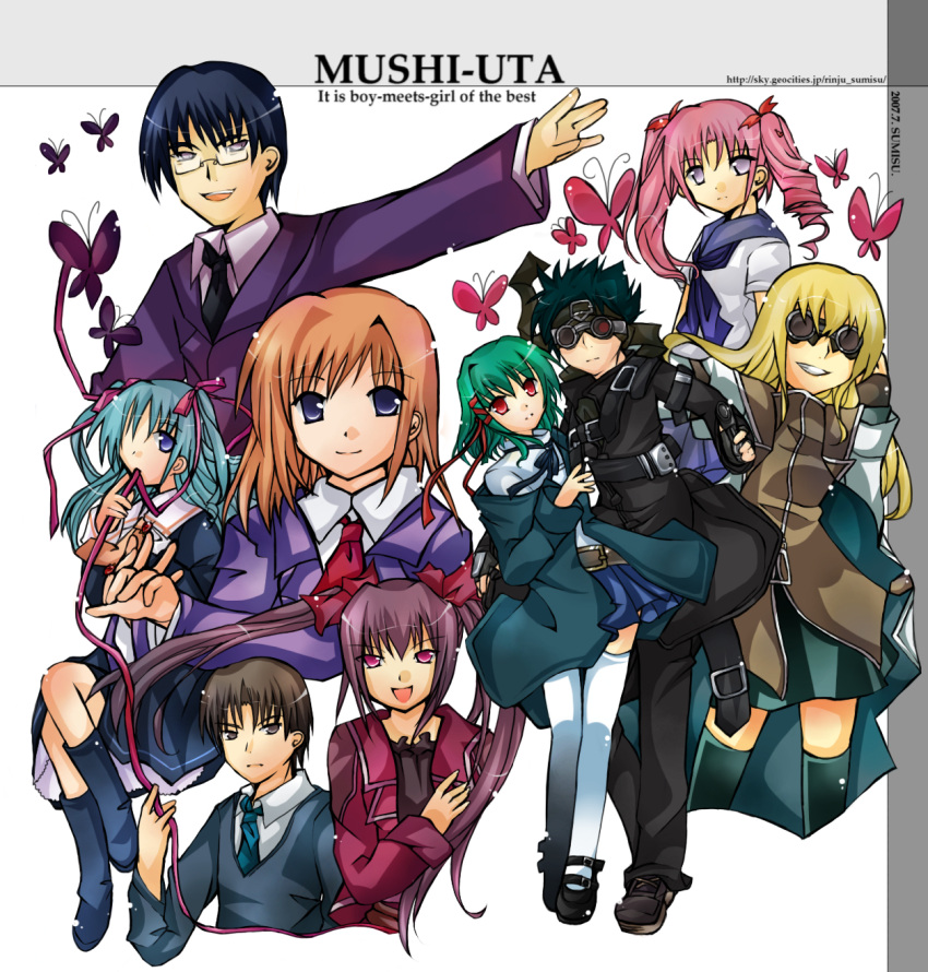 3boys, 6+girls, :d, animal, asymmetrical_hair, black_hair, blonde_hair, blue_eyes