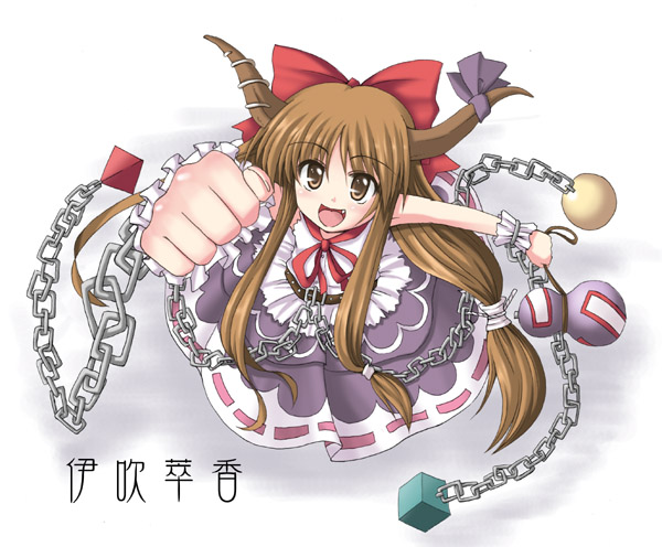 1girl, bow, brown_eyes, brown_hair, chains, clenched_hand, fang, female