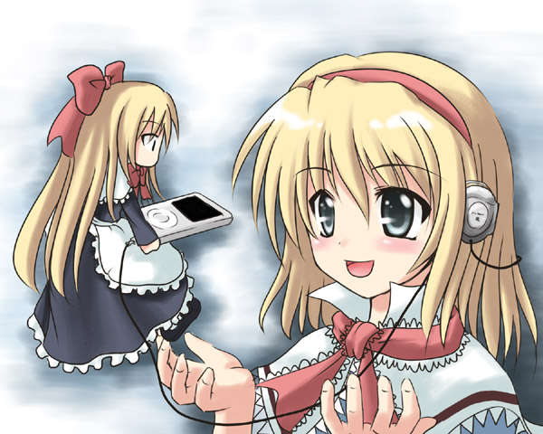 1girl, alice_margatroid, blonde_hair, digital_media_player, female, headphones, ipod, iseki_mitsuharu