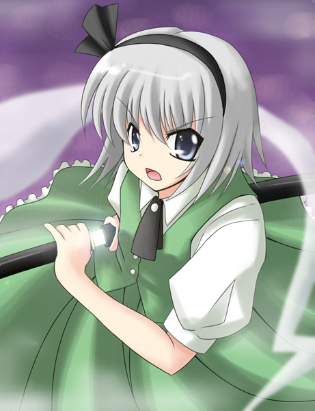 1girl, female, hitodama, iseki_mitsuharu, katana, konpaku_youmu, konpaku_youmu_(ghost), mitsuharu_iseki