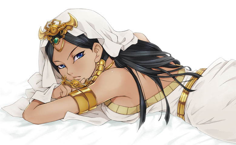 1girl, armband, bed, belt, black_hair, blue_eyes, breasts, dark_skin