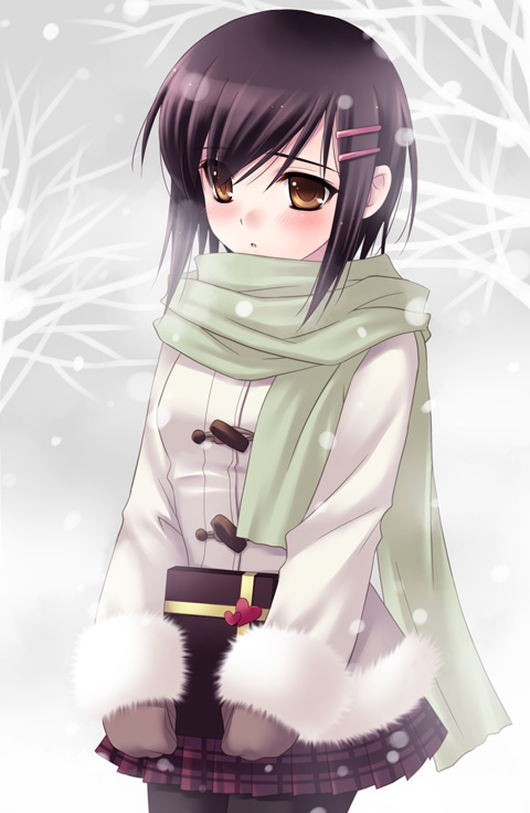 1girl, black_hair, brown_hair, gift, gloves, holding, holding_gift, incoming_gift