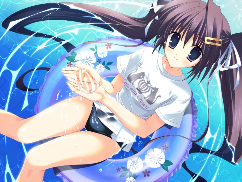 black_eyes, black_hair, clear, clothes_writing, floating, hand_scoop, innertube, long_hair, mitha, no_pants, okamoto_nonoka, school_swimsuit, solo, swimsuit, swimsuit_under_clothes, t-shirt, twintails