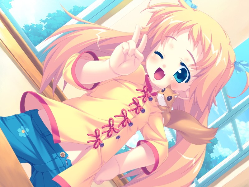 1girl, blonde_hair, blue_eyes, child, dutch_angle, fang, game_cg, green_eyes