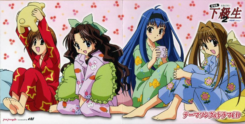 4girls, barefoot, blue_eyes, blue_hair, blush, bow, brown_eyes, brown_hair