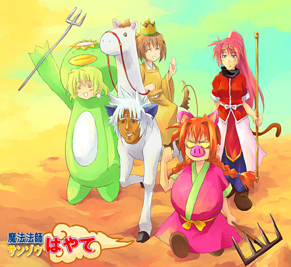 1boy, 4girls, =_=, blonde_hair, blush_stickers, bow, braid, cosplay