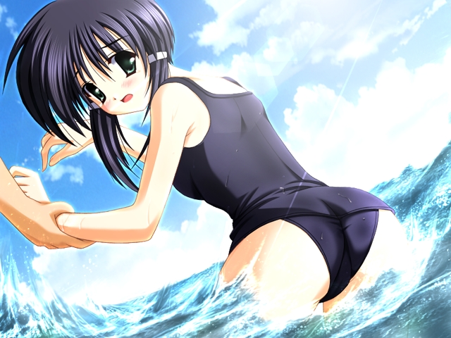 ass, back, black_hair, blush, cloud, dutch_angle, embarrassed, from_behind