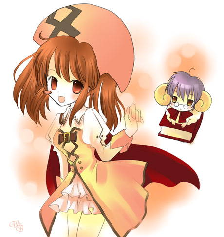 2girls, :d, akihime_sumomo, akihime_sumomo_(cosplay), animalization, asahina_mikuru, blush_stickers, book, cosplay, crossover, glasses, hat, lowres, magical_girl, multiple_girls, nagato_yuki, namesake, nanatsuiro_drops, open_mouth, parody, pince-nez, shima_yukiwa, smile, suzumiya_haruhi_no_yuuutsu, yuki-chan, yuki-chan_(cosplay)