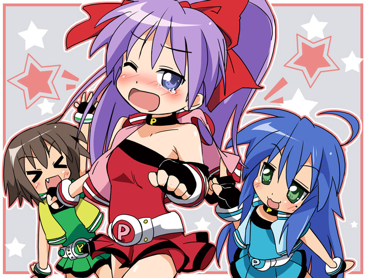 3girls, akazutsumi_momoko, cosplay, crossover, fang, goutokuji_miyako, hiiragi_kagami, hyper_blossom, hyper_blossom_(cosplay), ixy, izumi_konata, katou_emiri, kusakabe_misao, lucky_star, matsubara_kaoru, multiple_girls, powered_buttercup, powered_buttercup_(cosplay), powerpuff_girls, powerpuff_girls_z, rolling_bubbles, rolling_bubbles_(cosplay), seiyuu_connection