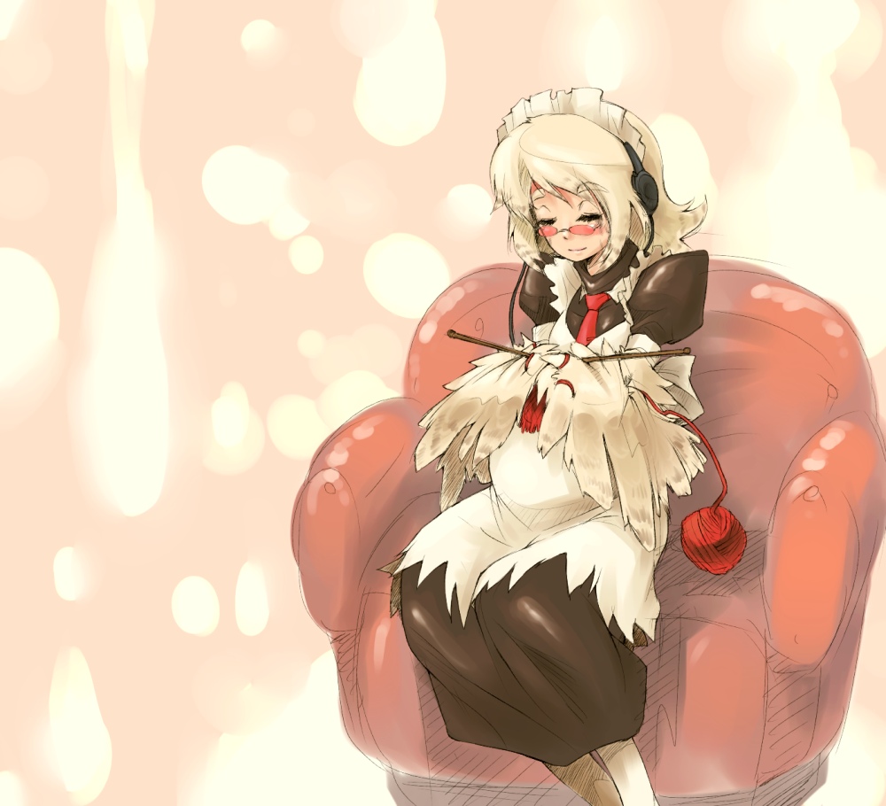 1girl, flat_chest, futaba_channel, glasses, harpy, headphones, knitting, maid