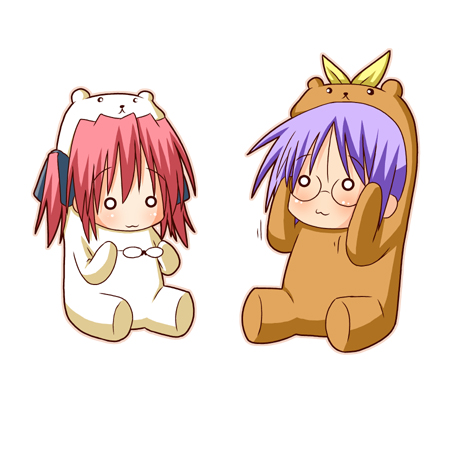 2girls, :3, adjusting_glasses, animal_costume, bear_costume, bear_tsukasa, bear_yutaka, bespectacled