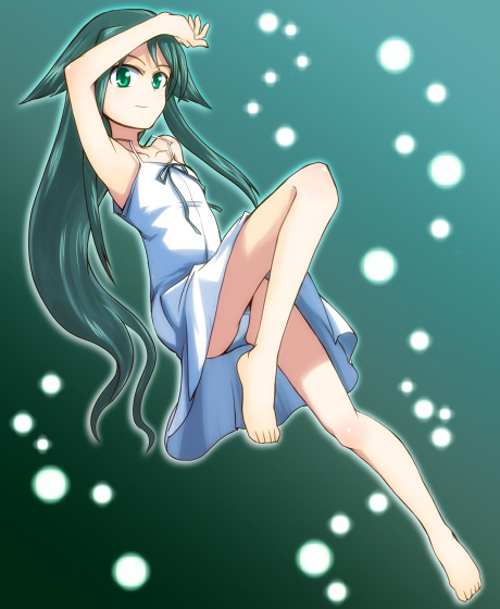 1girl, arm_up, barefoot, green_eyes, green_hair, leg_up, long_hair, panties