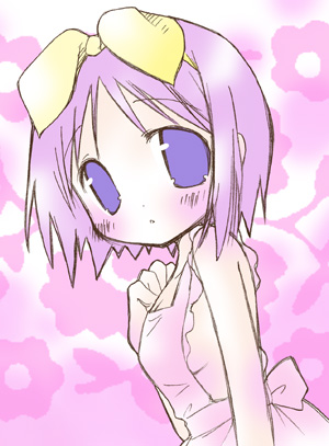 1girl, apron, blue_eyes, blush, bow, breasts, hair_bow, hiiragi_tsukasa