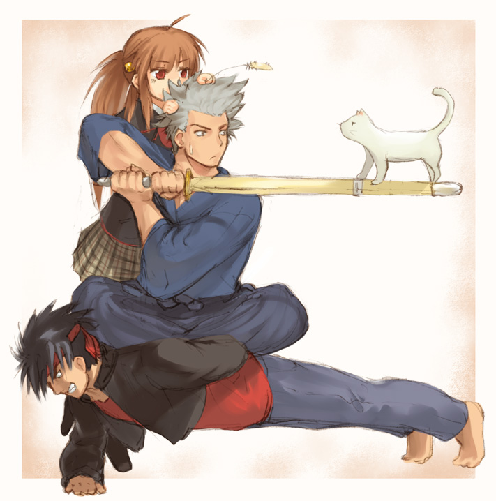 1girl, 2boys, cat, inohara_masato, lennon, little_busters!!, miyazawa_kengo, multiple_boys, natsume_rin, negy, shinai, sword, weapon